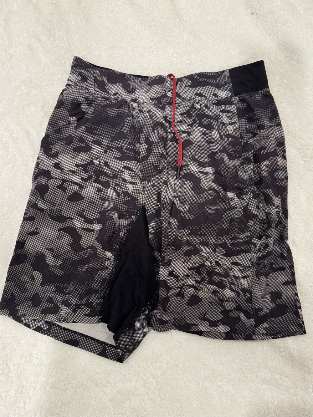 lululemon Vintage Gray Camo T.H.E. Shorts with Red Drawstring